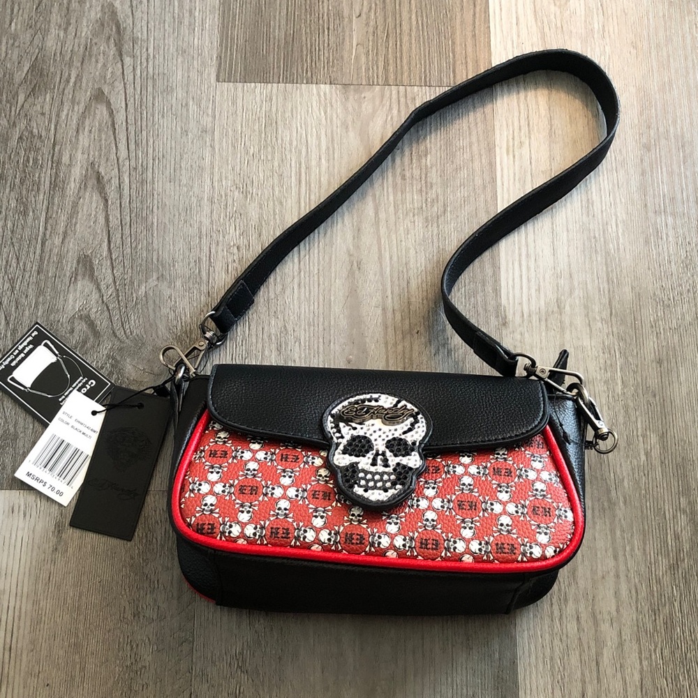 Ed Hardy Black & Red Monogram Skull Shoulder Bag Rhinestone Skull Accent NWT